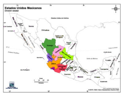 Mapa de la República Mexicana con división política. Los estados que componen la Region Centro-Pacífico se encuentran con color. Los otros sin color pero con el nombre de la entidad federativa.