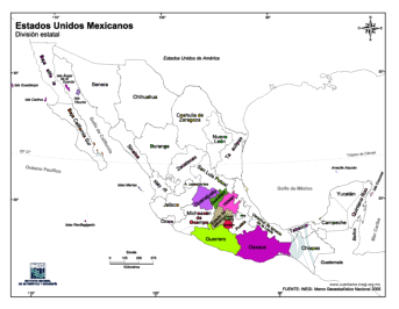 Mapa de la Repblica Mexicana con divisin poltica. Los estados que componen la Region Centro-Sur se encuentran con color. Los otros sin color pero con el nombre de la entidad federativa.